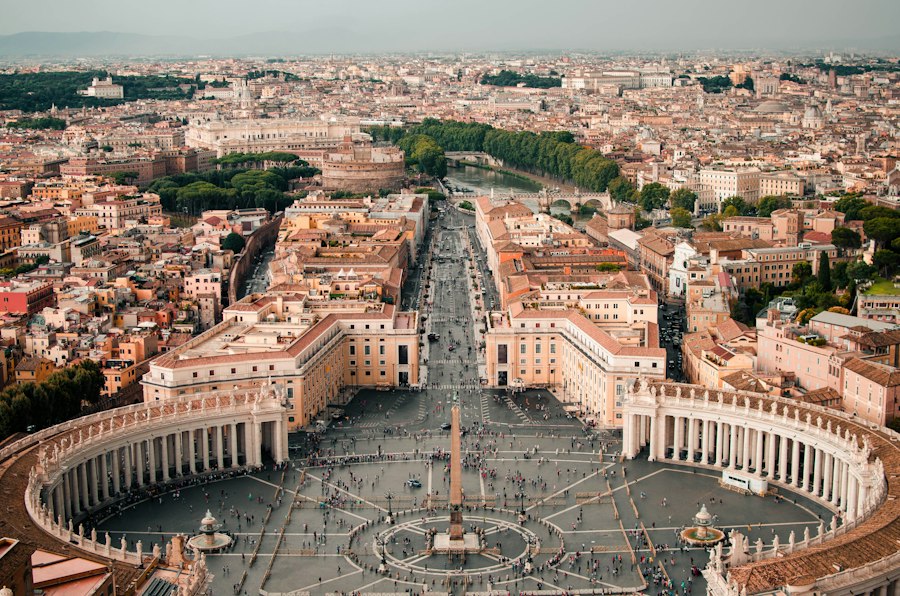 Aerial view over St Peter’s Square and the colonnade in Rome