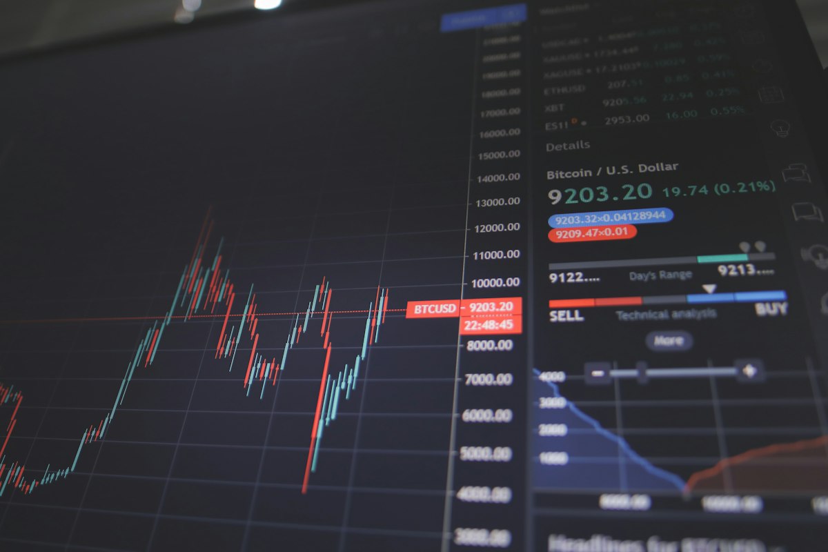 Stock market price chart with rising and falling candlesticks displayed on a dark trading screen