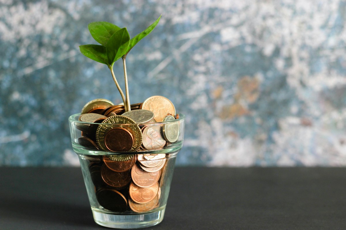 Glass jar filled with coins with a small green plant sprouting from the top, symbolising growing savings